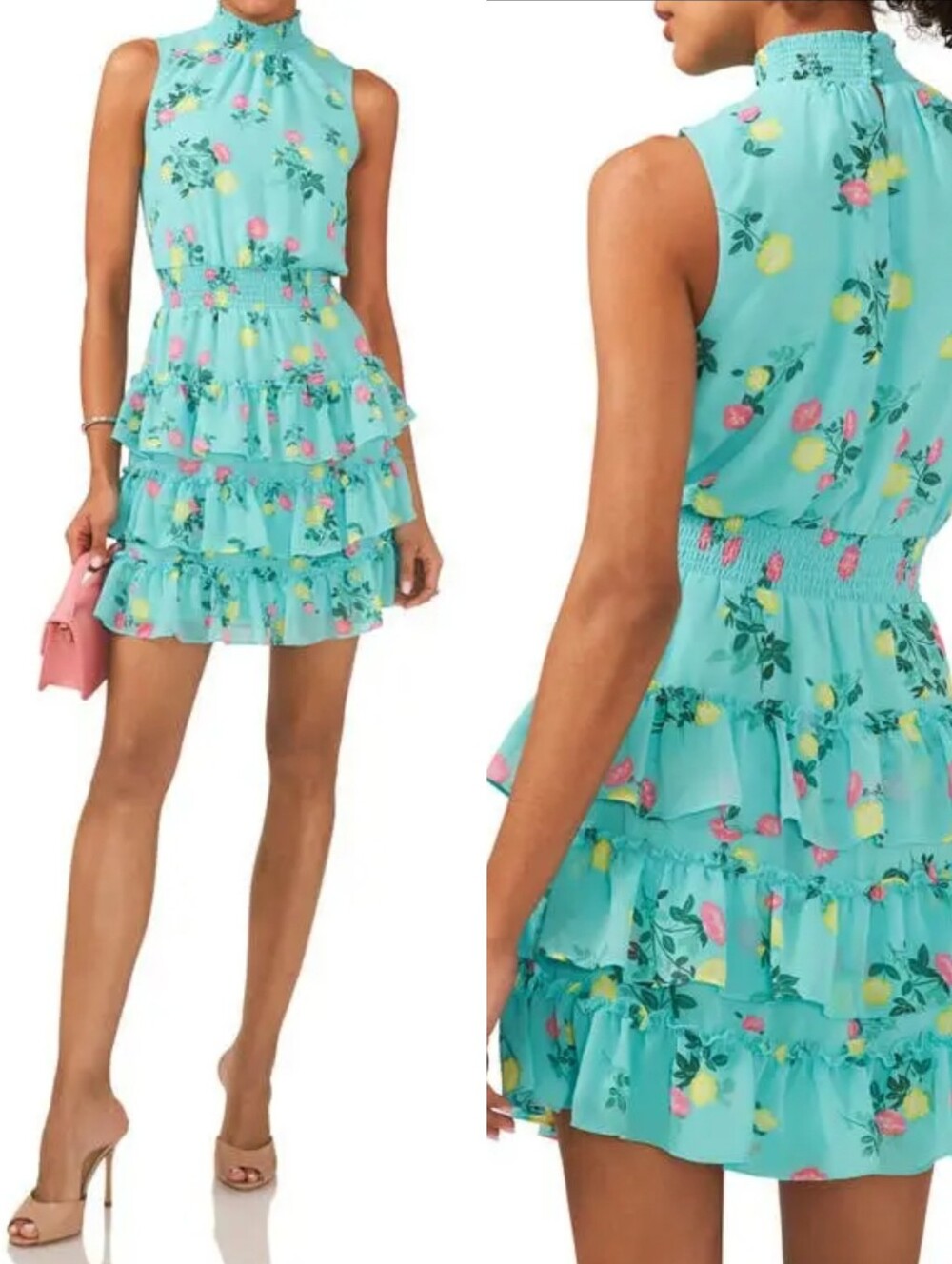 NWT 1.State Ocean Teal Floral Smocked Ruffle Sun Dress Bruch Cocktail Party XS